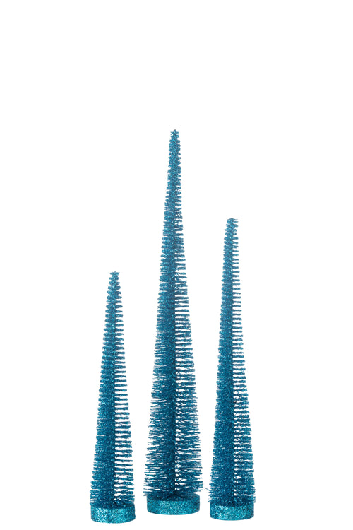 J-Line decoratie Kerstboom Glitter - kunststof - blauw - doos van 3