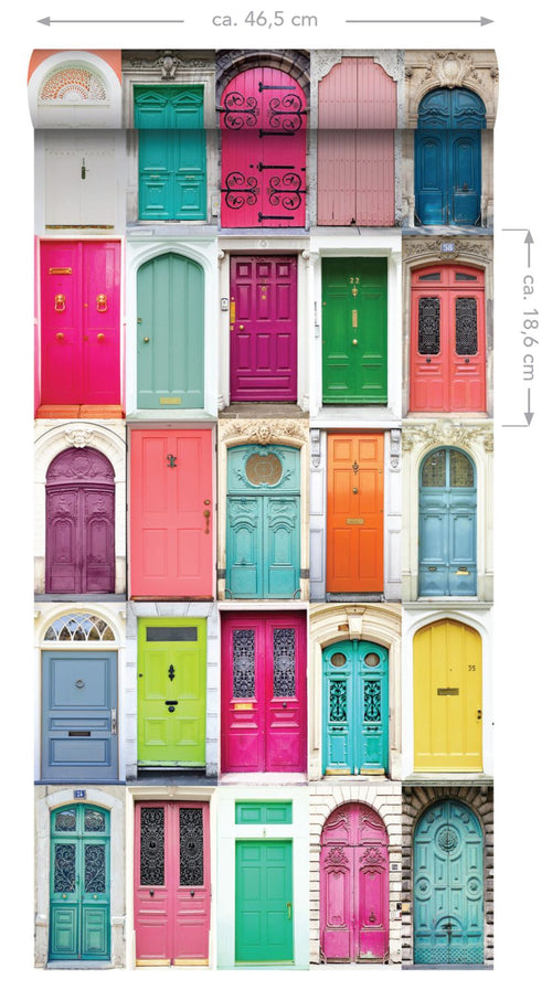ESTAhome XXL behang gekleurde deuren roze, turquoise, oranje, geel en paars - 50 x 900 cm - 158607 - vtwonen shop