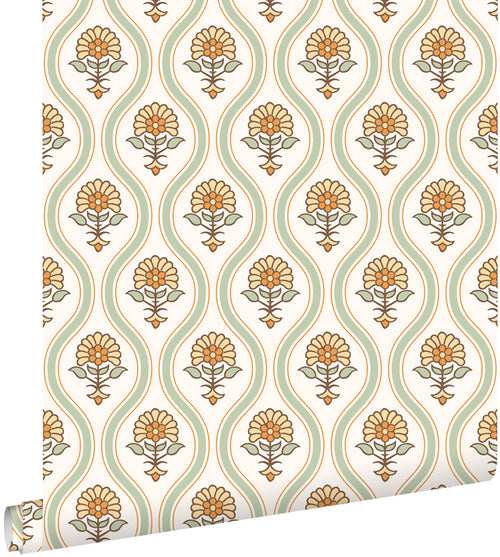 ESTAhome behang vintage bloemen groen, geel en oranje - 50 x 900 cm - 131739