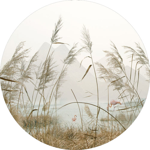 Sanders & Sanders zelfklevende behangcirkel tropisch landschap met flamingo's beige Ø 70 cm 601091