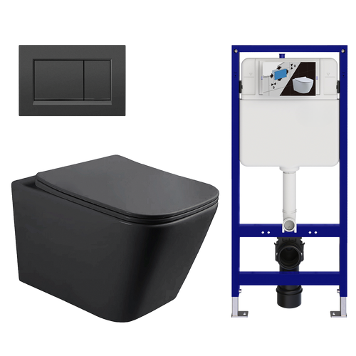 LOMAZOO hangtoiletset Linea - met inbouwreservoir & vierkante drukplaat - vierkant - zwart