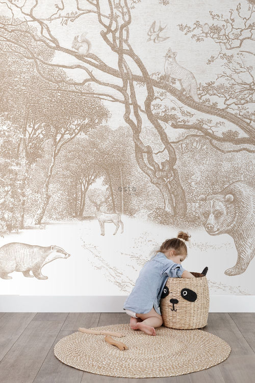 ESTAhome fotobehang bos met bosdieren beige - 350 x 279 cm - 159064
