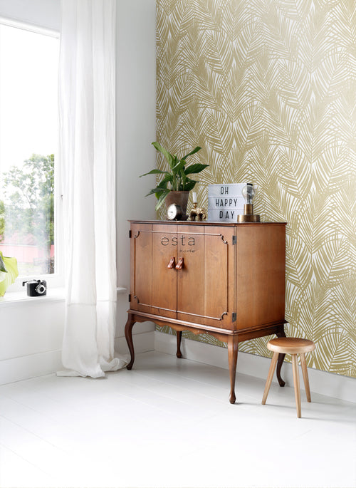 ESTAhome behang palmbladeren goud en wit - 53 cm x 10.05 m - 139301