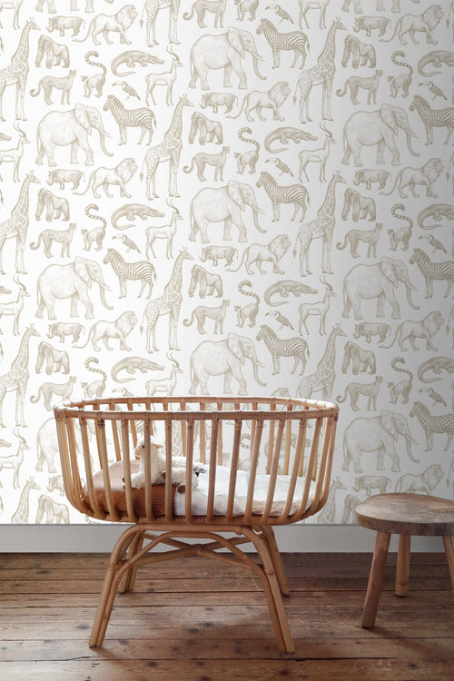 ESTAhome behang jungle dieren wit en beige - 53 cm x 10.05 m - 139690