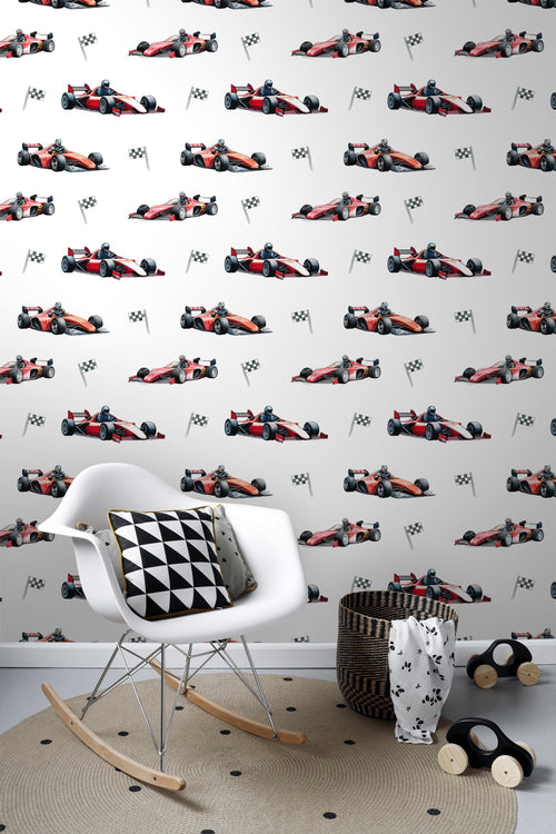 Sanders & Sanders behang race auto's rood, zwart en wit - 50 x 900 cm - 935372