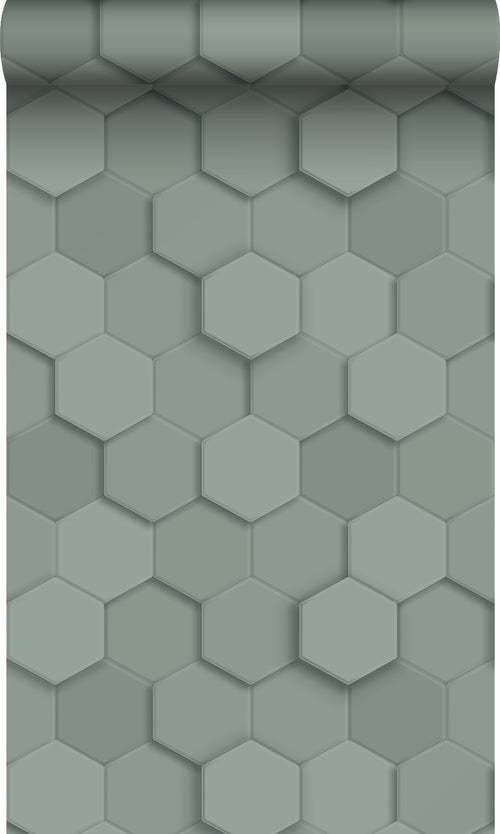 Origin Wallcoverings behang 3d hexagon motief vergrijsd groen - 53 cm x 10.05 m - 347851 - vtwonen shop