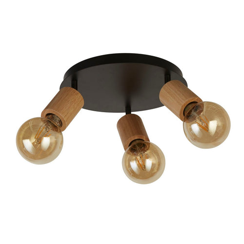 Spinny Ronde spot met 3 lichtpunten - hout en zwart metaal