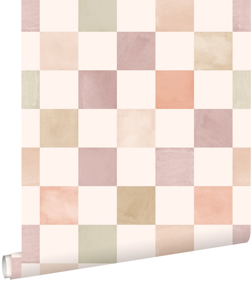 ESTAhome behang geblokt motief beige en paars - 50 x 900 cm - 131720