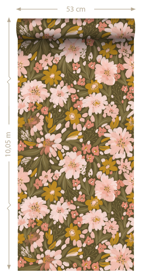 ESTAhome behang bloemen vergrijsd olijfgroen, zacht roze en okergeel - 50 x 900 cm - 130928 - vtwonen shop