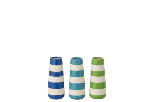 J-Line vaas Gestreept - porselein - groen/blauw - small - set van 3