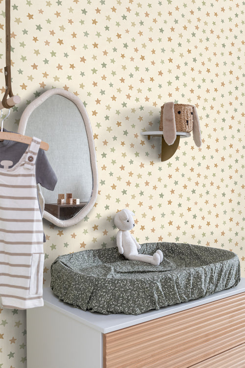 ESTAhome behang sterretjes groen en blauw en beige - 50 x 900 cm - 131707
