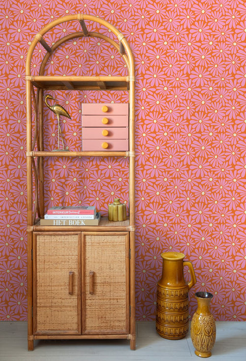 ESTAhome behang madeliefjes roze, oranje en geel - 50 x 900 cm - 131815