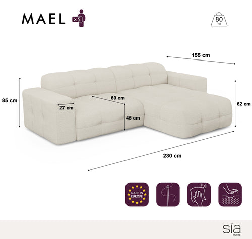 Sia Home - Rechthoekige hoekbank MAEL - fluweel met reliëf smaragdgroen 230cm