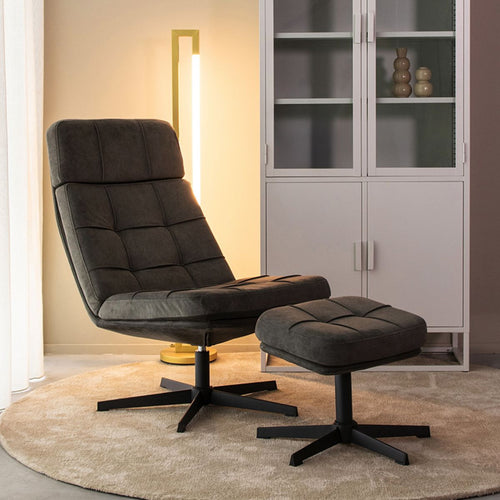 LABEL51 Fauteuil Alvar - Antraciet Stof - Draaibaar - Incl. Hocker - vtwonen shop