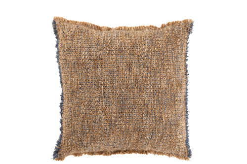 J-Line kussen Gerafelde Randen - polyester/katoen - lichtbruin/blauw