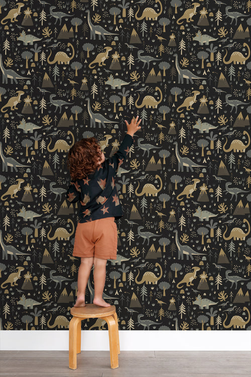 ESTAhome behang dinosaurussen vergrijsd blauw, bruin en zwart - 50 x 900 cm - 139803