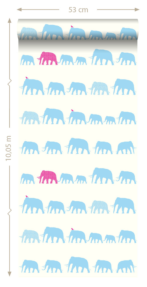ESTAhome behang olifanten turquoise en roze - 53 cm x 10.05 m - 137329