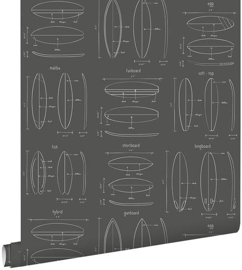 ESTAhome behang technische tekeningen van surfplanken donkergrijs - 53 cm x 10.05 m - 128872
