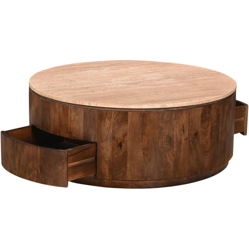 Giga Meubel Salontafel Elan Rond - Travertin - Walnoot - 90x90x35cm - Incl. Lades - vtwonen shop