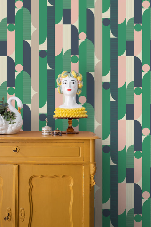 ESTAhome behang geometrische vormen groen, blauw, roze en beige - 50 x 900 cm - 131062 - vtwonen shop