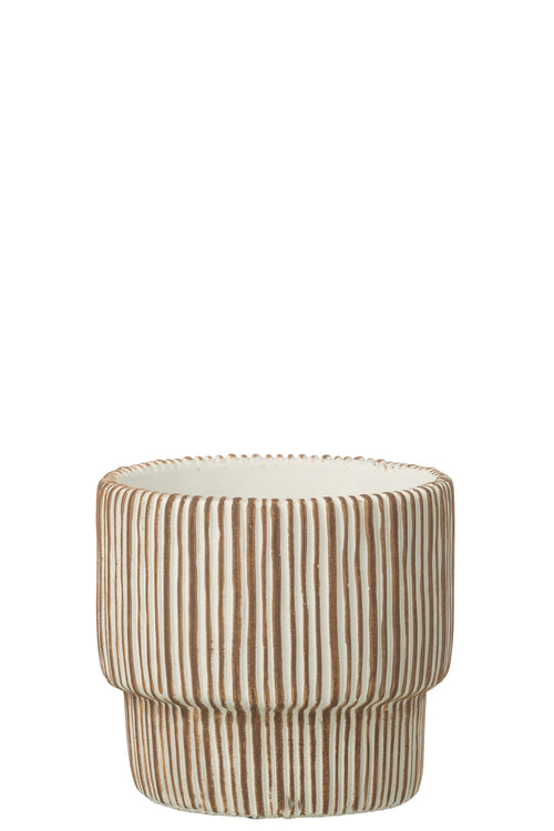 J-Line bloempot Rond Gestreept - cement - bruin/wit - medium