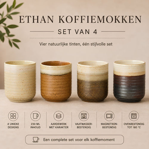 Mica Decorations Ethan Koffiemokken Set - 4 Porseleinen Mokken in Off White, Terra, Donkerbruin en Zwart - Geschikt voor Vaatwasser, Magnetron en Oven