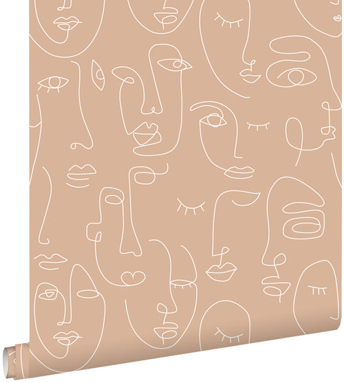 ESTAhome behang line art gezichten perzik roze en wit - 53 cm x 10.05 m - 139214