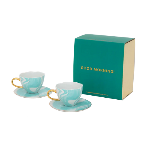 Urban Nature Culture Good Morning kopje Cappuccino/Tea en bord Valuri Emerald Green - set van 4 - in cadeauverpakking