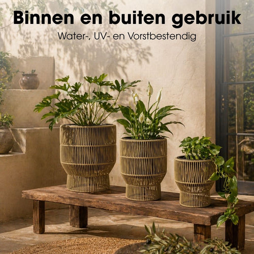 Mica Decorations Peta Bloempot op Standaard voor Buiten – Set van 3 – Plantenpot voor Bloemen en Buitenplanten – Bloempotten voor Buiten – Groen