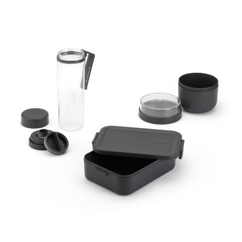 Brabantia Make & Take Ontbijt- en Lunchset, 3-delig, kunststof (waterfles met zeef, yoghurtbeker 0,5 liter, lunchbox medium) - Dark Grey