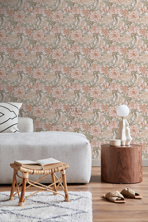 ESTAhome behang vintage bloemen oudroze en groen - 53 cm x 10.05 m - 139479
