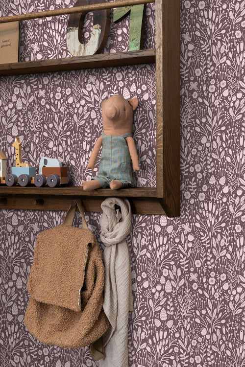 ESTAhome behang bloemetjes aubergine paars - 50 x 900 cm - 131254 - vtwonen shop