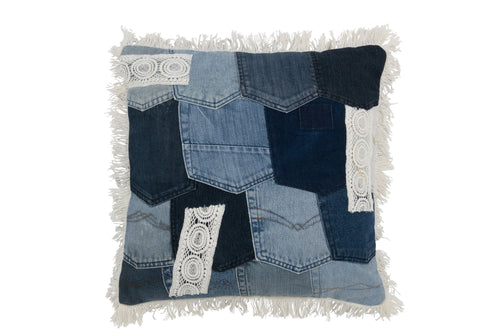 J-Line kussen Lapwerk - denim/katoen - blauw/wit - vtwonen shop