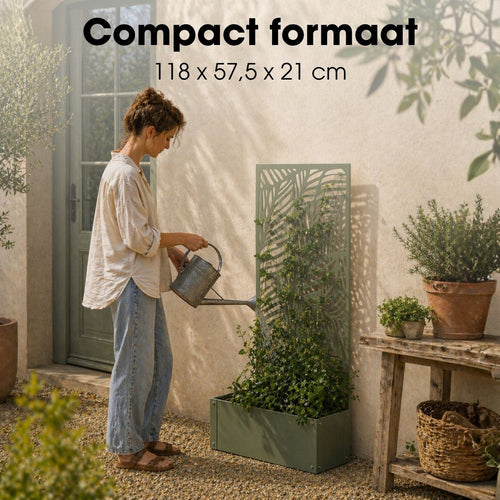 Mica Decorations Sapri Plantensteun - Plantenbak met Klimrek voor Klimplanten - Plantenstandaard Vrijstaand of tegen Muur - 57,5 x 21 x 118 cm - Groen