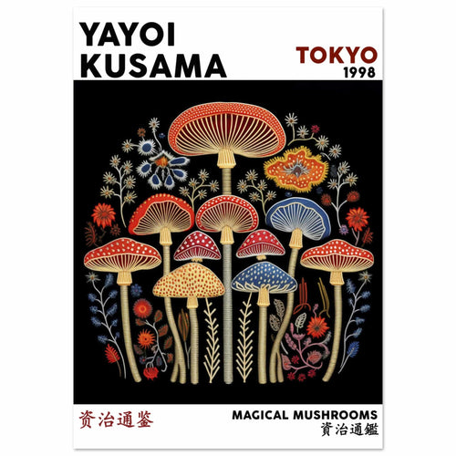 Artfulprints Poster met Lijst Yayoi Kusama - Magical mushrooms   - A4 21x29.7 cm - Meerkleurig