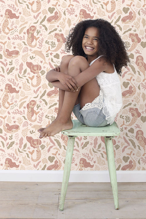 ESTAhome behang zeemeerminnen beige, roze en groen - 0.53 x 10.05 m - 131497
