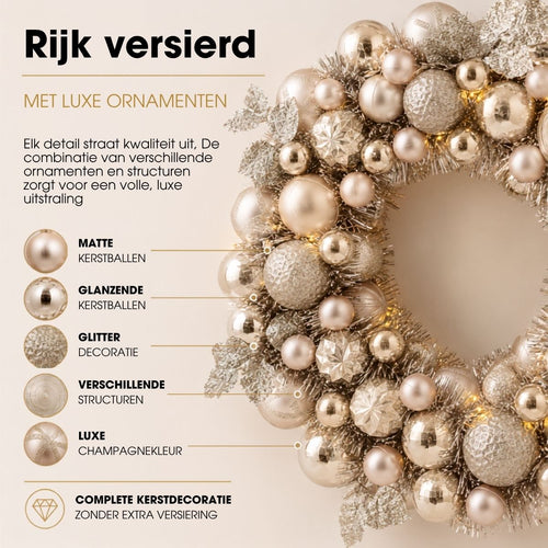 Mica Decorations Kerstkrans met Verlichting - Deurkrans H8,5 x Ø47 cm - Kerst Krans met Timer en Kerstballen  - Multifunctionele Kerstversiering -