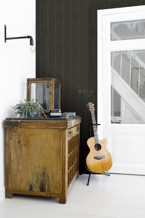 ESTAhome behang visgraat-motief zwart en goud - 53 cm x 10.05 m - 139136