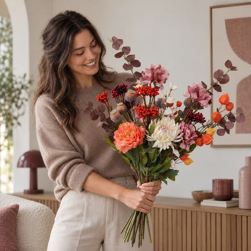 Mica Decorations Fedde Boeket Roze met 18 Stelen - Kunstboeket met Bloemen, Bladeren en Takken - Kunstbloemen Roze, Crème en Oranje - Polyester Boeket