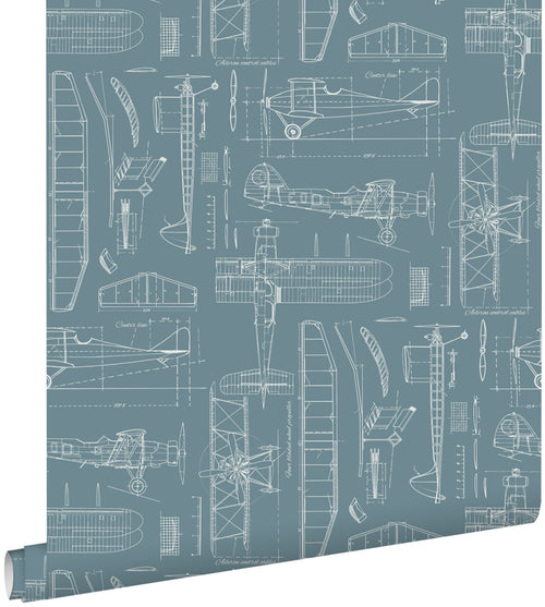 ESTAhome behang constructietekeningen van vliegtuigen blauw 53 cm x 10.05 m 128809