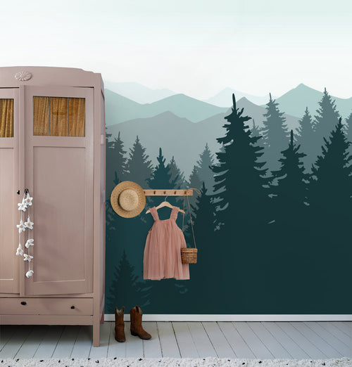 Sanders & Sanders fotobehang berglandschap met bomen vergrijsd blauw - 375 x 270 cm - 600992 - vtwonen shop