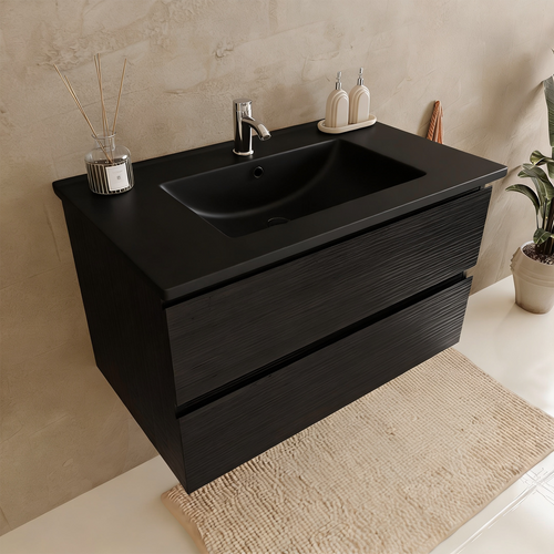 LOMAZOO badmeubelset Verona - met hoge kast & zwarte wastafel - mat zwart - 80 cm