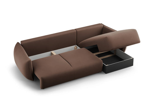Cosmopolitan Design Uitklapbare hoekbank links met opbergdoos Matera 4-zits, flueel chocolade - 173x253x86cm