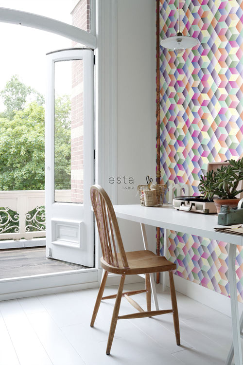 ESTAhome XXL behang 3D kubussen roze, geel, groen en blauw - 50 x 900 cm - 158913 - vtwonen shop