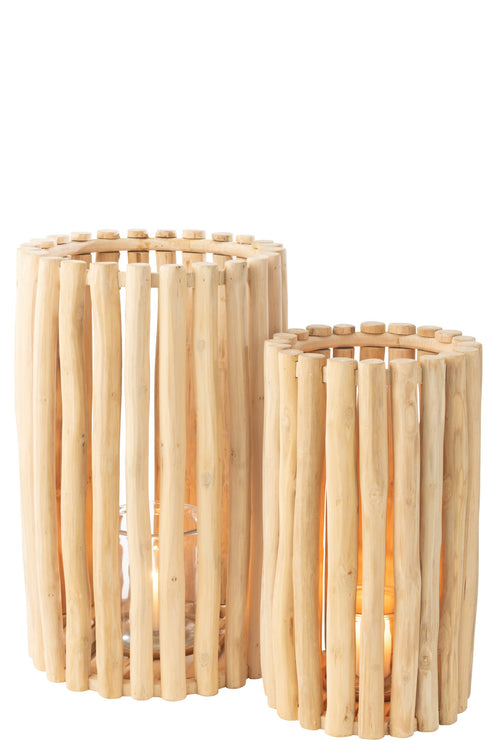 J-Line lantaarn - hout - naturel - set van 2