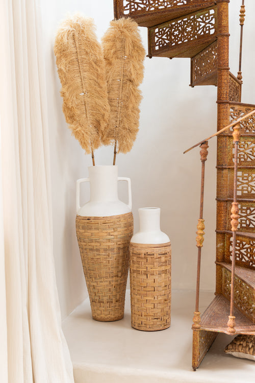 J-Line vaas + Handvaten Geweven - terracotta/rotan - wit/naturel - 100 cm hoog - vtwonen shop