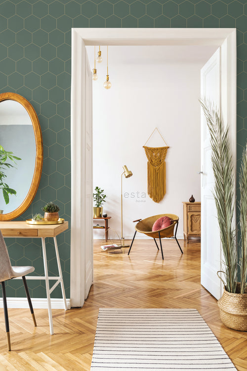 ESTAhome behang hexagon donkergroen en goud - 53 cm x 10.05 m - 139228