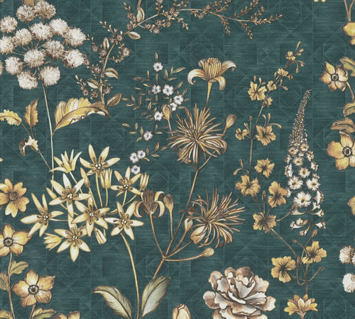 Livingwalls behang bloemen petrolblauw, oranje, geel, bruin en wit - 53 cm x 10.05 m - AS-391174 - vtwonen shop