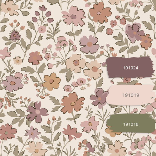 ESTAhome behang bloemetjes mauve paars, vergrijsd groen en terracotta - 53 cm x 10.05 m - 131328