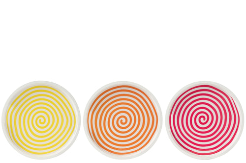 J-Line plateau Rond - hout - roze/oranje/geel - 3 stuks